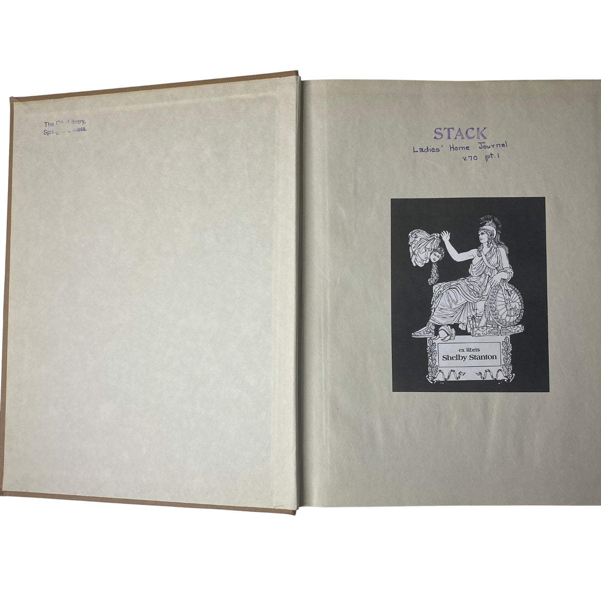 Inside cover page of the Ladies' Home Journal Bound Magazine 1953, featuring an ex libris design with the name Shelby Stanton and the label 'STACK Ladies' Home Journal v.70 pt.1'. This image is part of the Ladies' Home Journal Library Bound Magazine 1953 Full Year January - December.