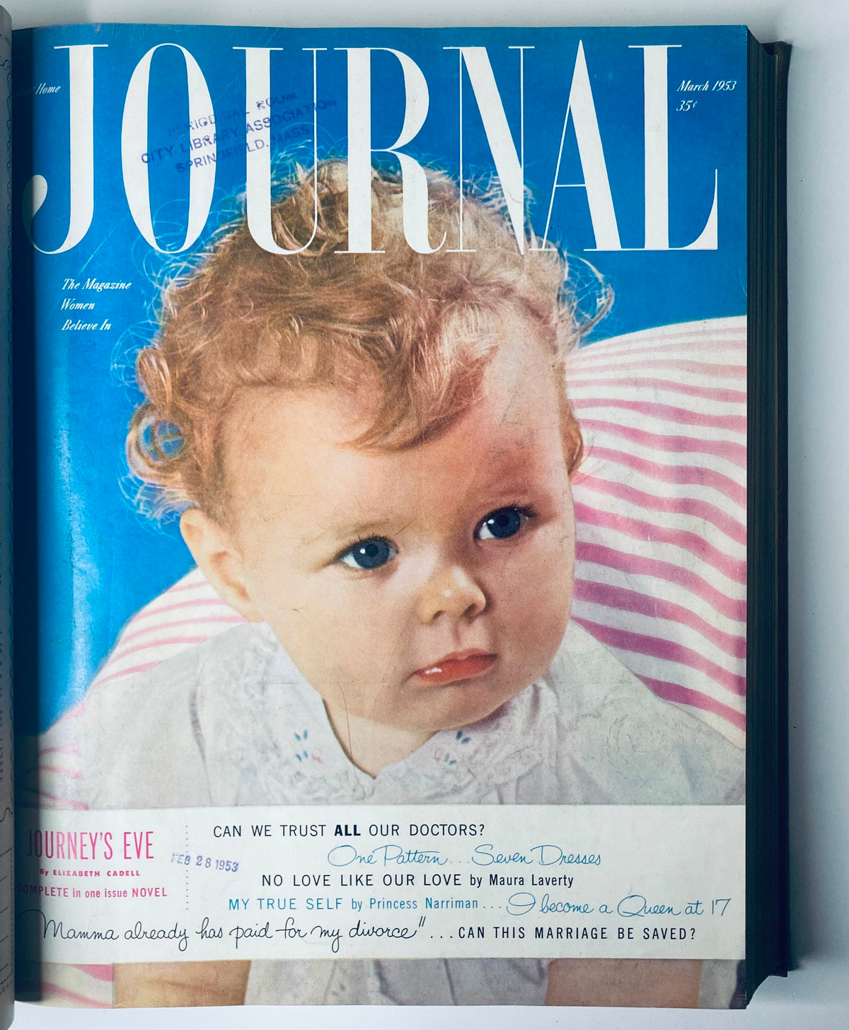 March 1953 cover of Ladies' Home Journal featuring an adorable baby with curly hair and big blue eyes, emphasizing themes of trust and family. This image is part of the Ladies' Home Journal Library Bound Magazine 1953 Full Year January - December.