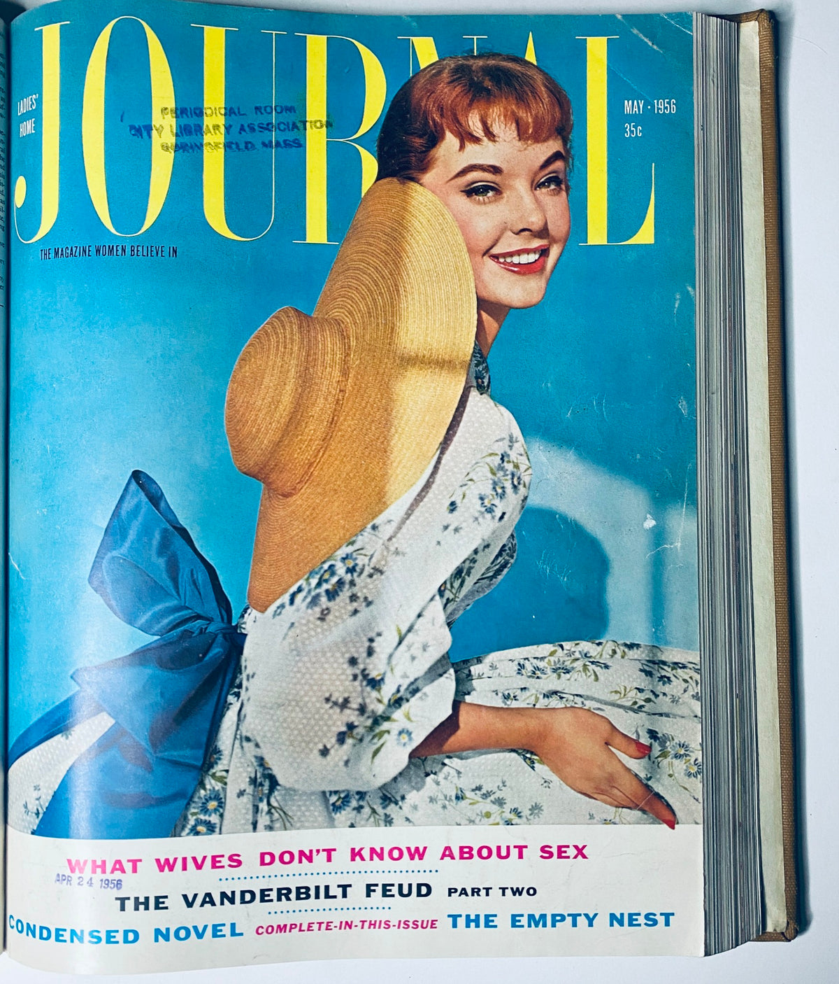 Ladies' Home Journal Library Bound Magazine 1956 - Cover displaying a smiling woman in a sun hat, May issue highlighted.