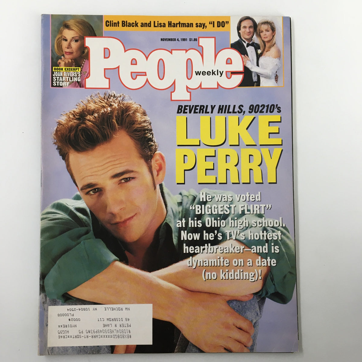 Cover of People Weekly Magazine from November 4, 1991, featuring Luke Perry prominently. The magazine highlights Perry as Beverly Hills, 90210's star, noting his 'Biggest Flirt' title from high school. The cover also includes mentions of Clint Black and Joan Rivers.