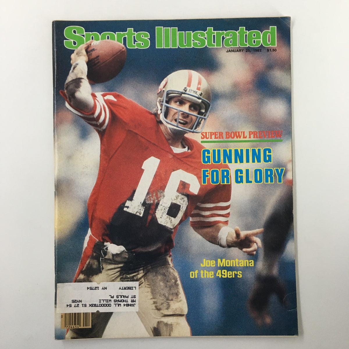 Vintage Sports Illustrated magazine cover from January 25, 1982, featuring Joe Montana of the 49ers, showcasing the headline 'Gunning for Glory' and a Super Bowl preview.