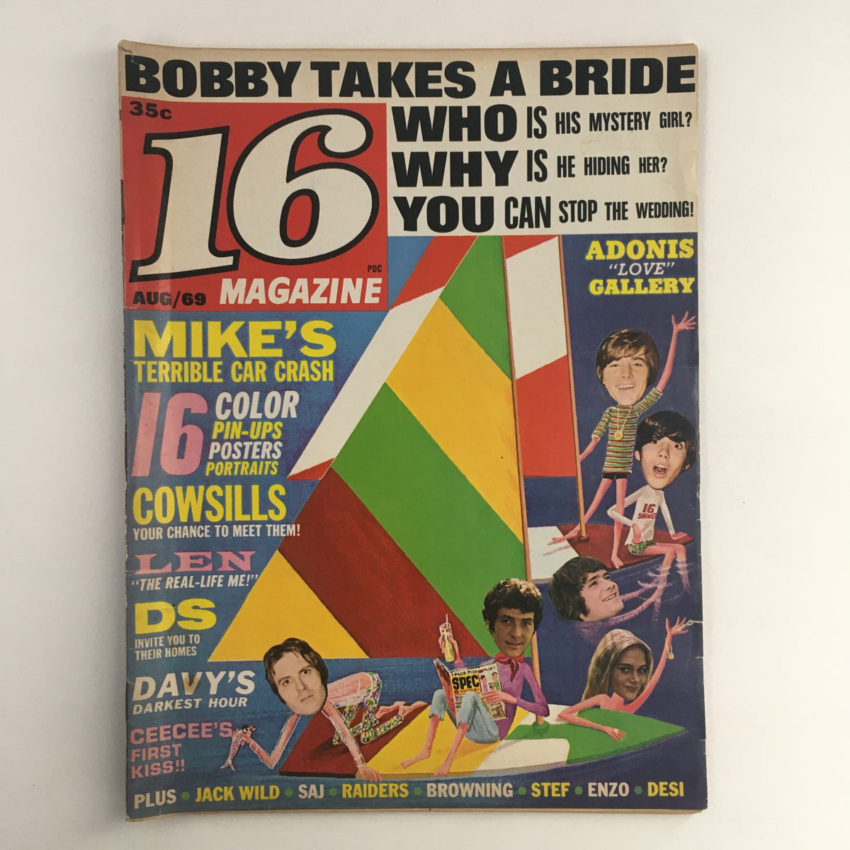 Cover of 16 Magazine from August 1969 featuring Bobby Sherman, Jack Wild, Davy Jones, Desi, and vibrant colorful designs. The magazine highlights articles about teen idols, pop culture, and trends from the 1960s.