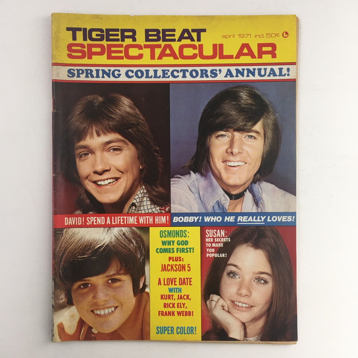 Tiger Beat Magazine April 1971 cover featuring Bobby Sherman, The Osmonds, and Jackson 5, colorful vintage layout with celebrities and headlines.