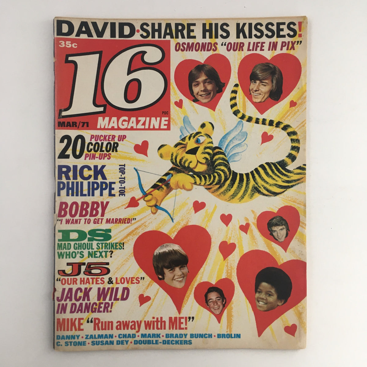 16 Magazine March 1971 featuring Bobby Sherman, Rick Philippe, and the Jackson 5, showcasing vibrant retro graphics and colorful pin-ups.