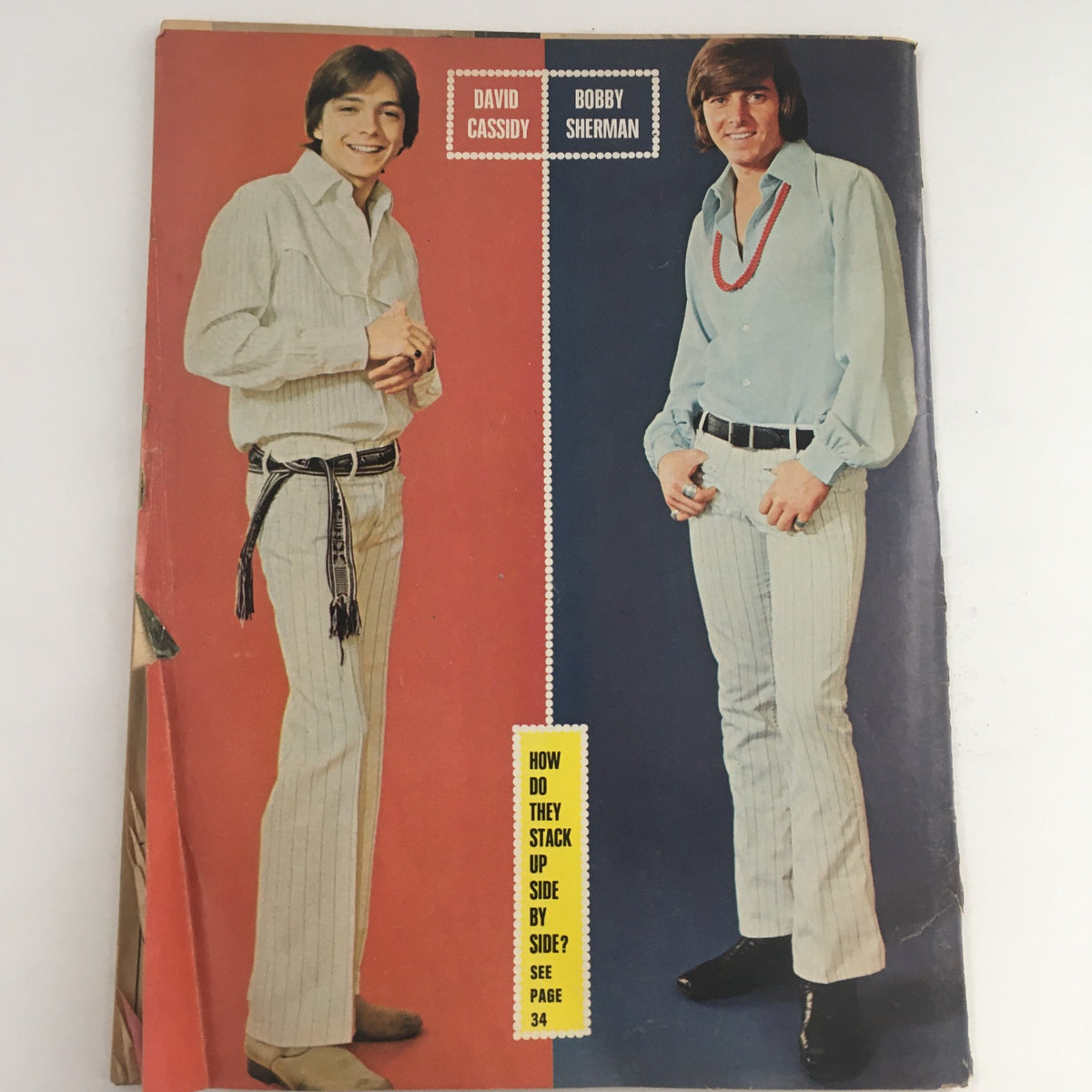 16 Magazine March 1971 displaying side-by-side images of David Cassidy and Bobby Sherman, reflecting 1970s celebrity culture.