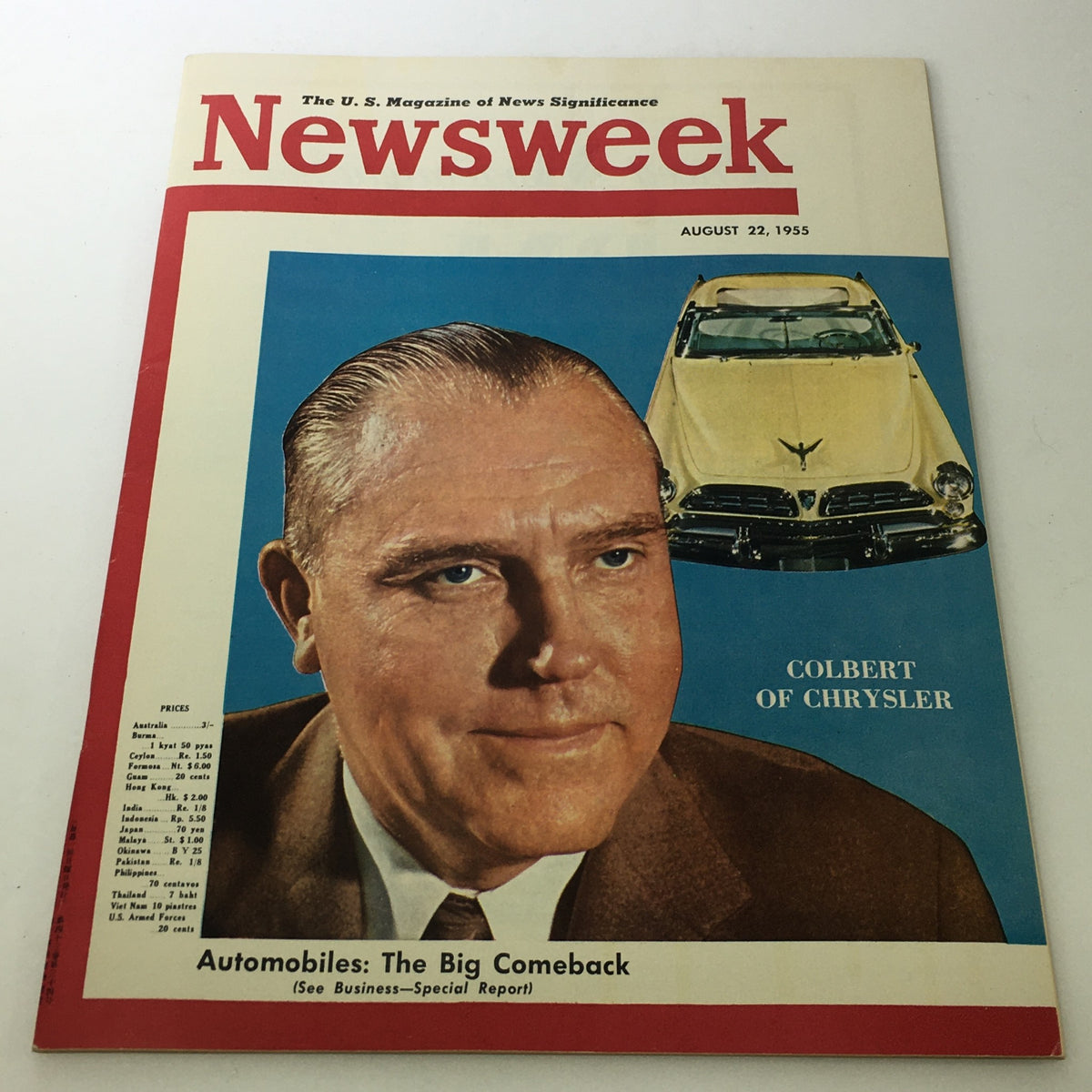 VTG Newsweek Magazine August 22 1955 featuring Lester Lum Colbert of Chrysler on the cover, showcasing a classic automobile and magazine design from the mid-20th century.