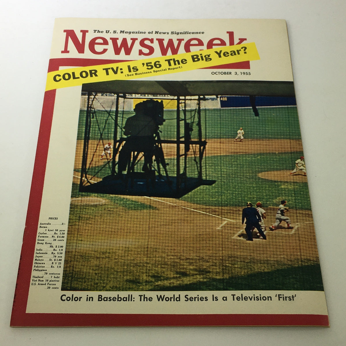 VTG Newsweek Magazine October 3 1955 featuring the theme 'Color in Baseball' with a vibrant cover depicting a baseball field and a recording setup.