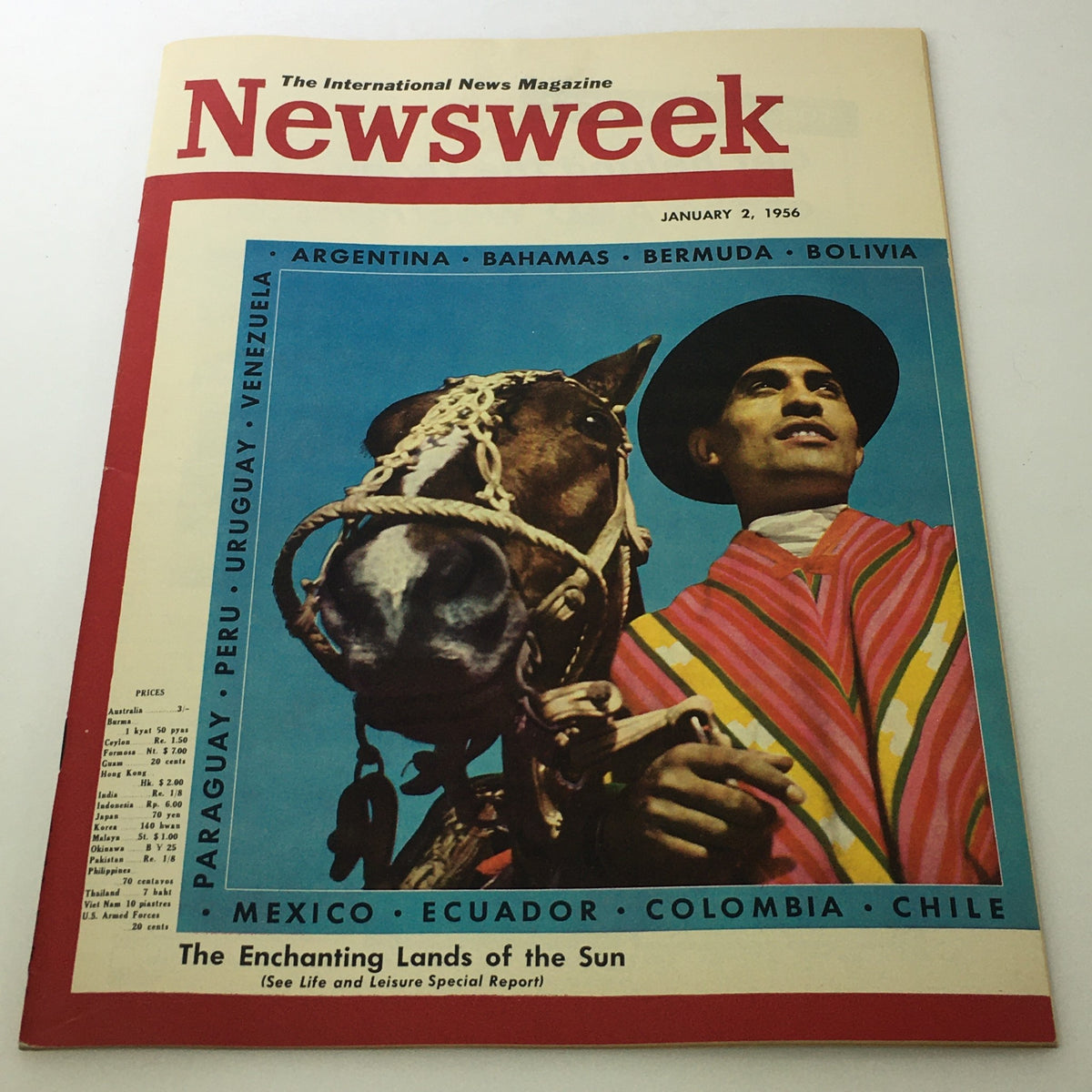 VTG Newsweek Magazine January 2, 1956 cover featuring a colorful image of a horse and a man in traditional attire, with the theme 'The Enchanting Lands of the Sun'.