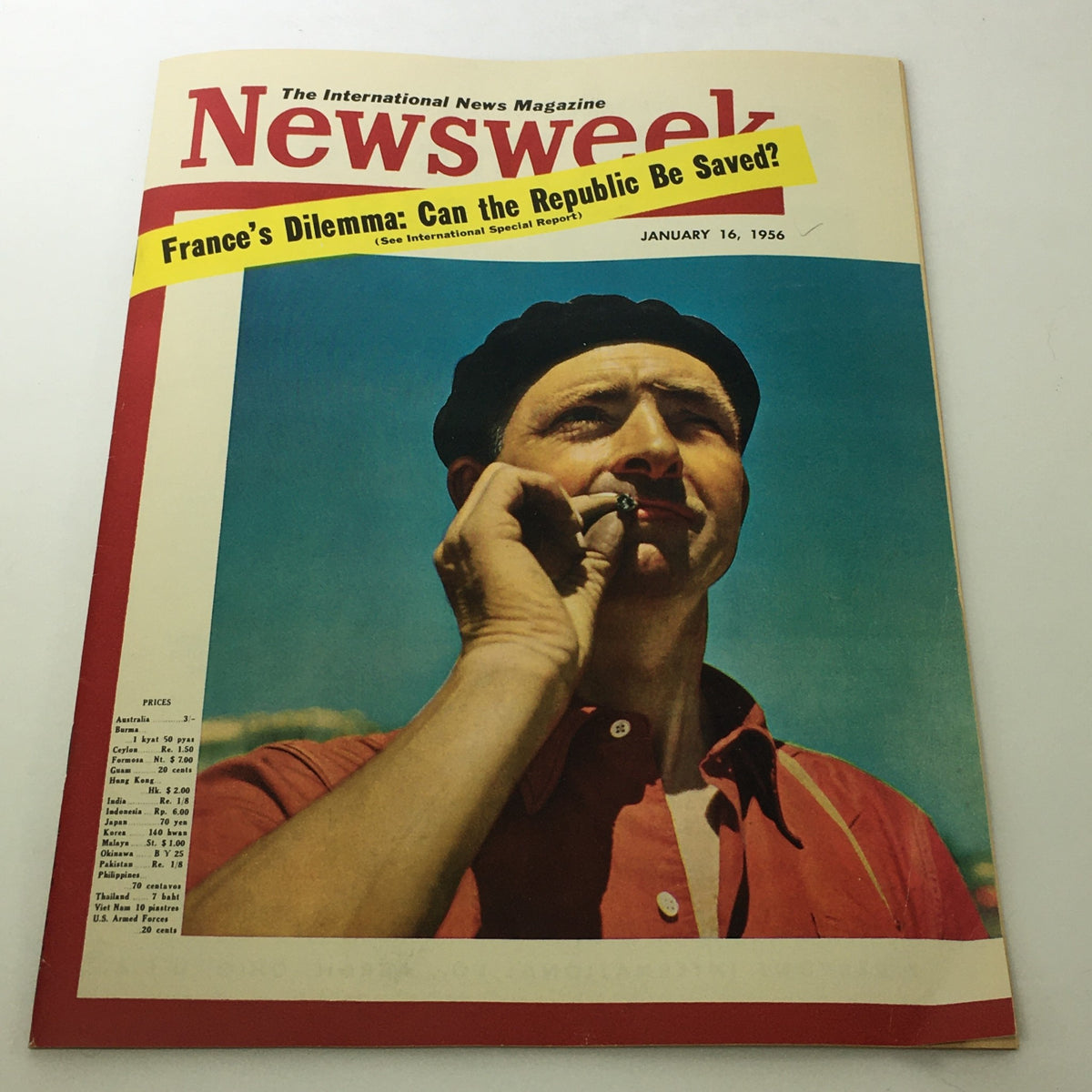 VTG Newsweek Magazine January 16 1956 cover showcasing a striking image of a man in a red shirt, posed thoughtfully while holding a cigar, with the headline 'France's Dilemma: Can the Republic Be Saved?'
