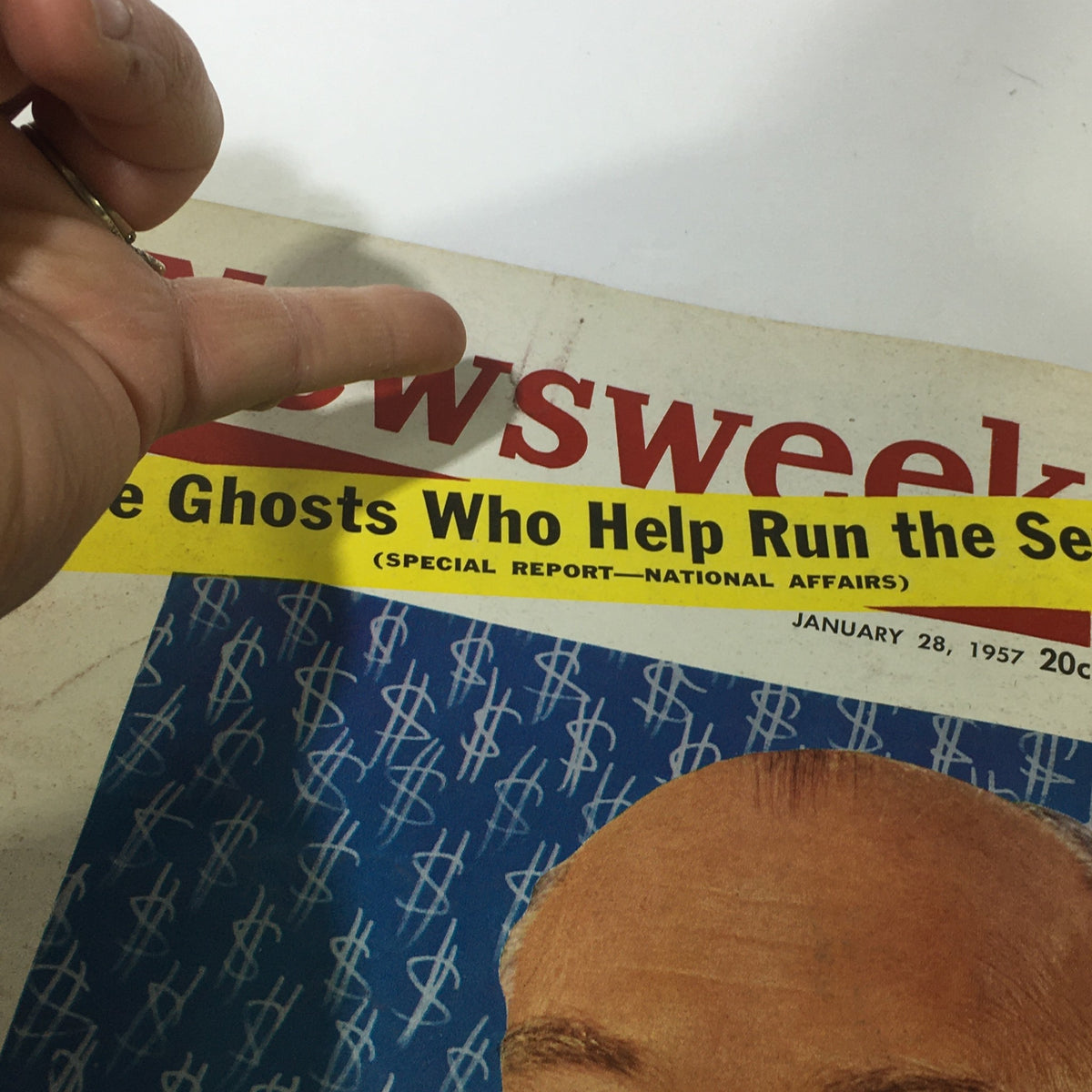 Close-up of the VTG Newsweek Magazine January 28 1957 cover, showcasing Secretary George M. Humphrey, with emphasis on the article title 'The Ghosts Who Help Run the Senate'.