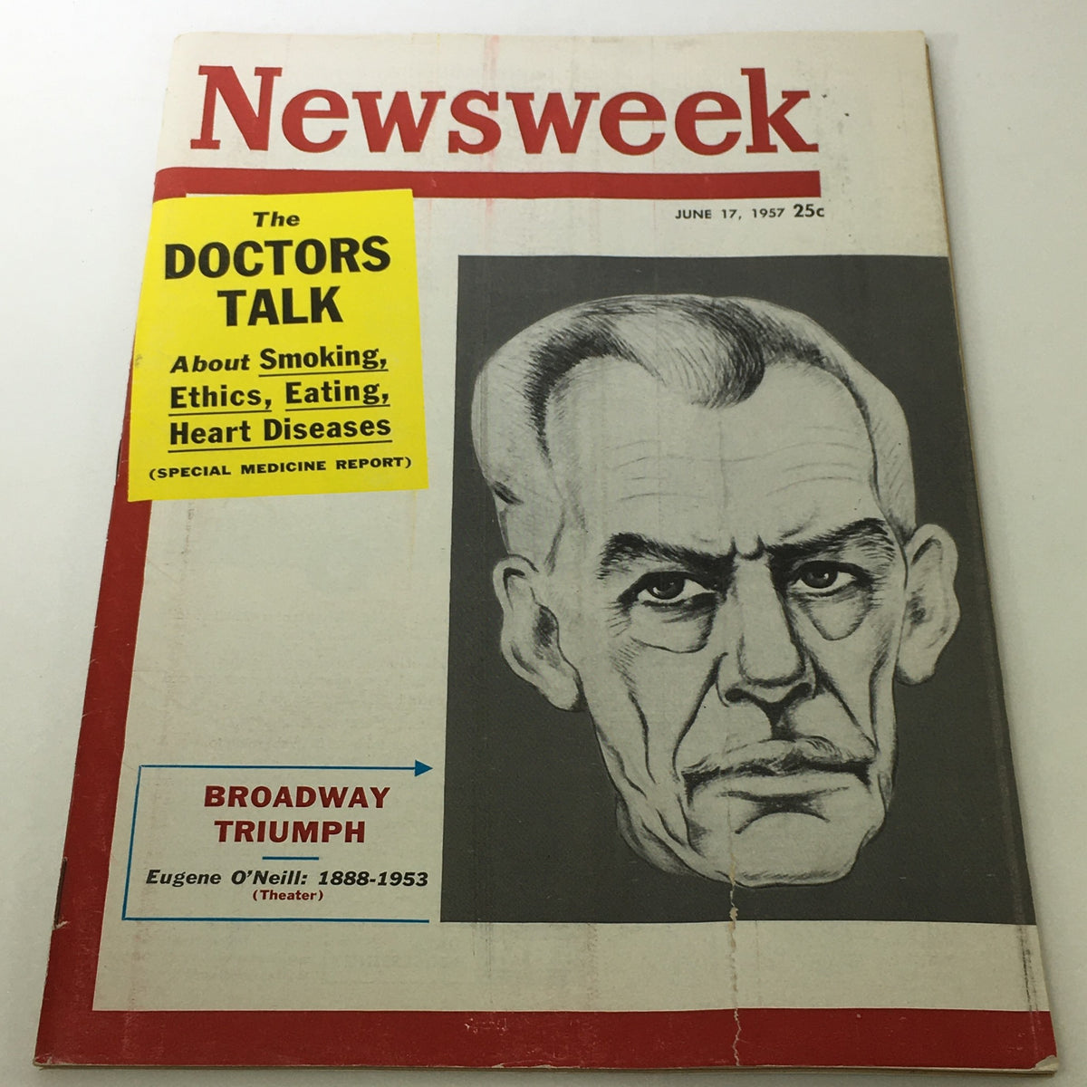 Cover of vintage Newsweek Magazine dated June 17, 1957, featuring a sketch of Eugene O'Neill, highlighting his significance in theater.