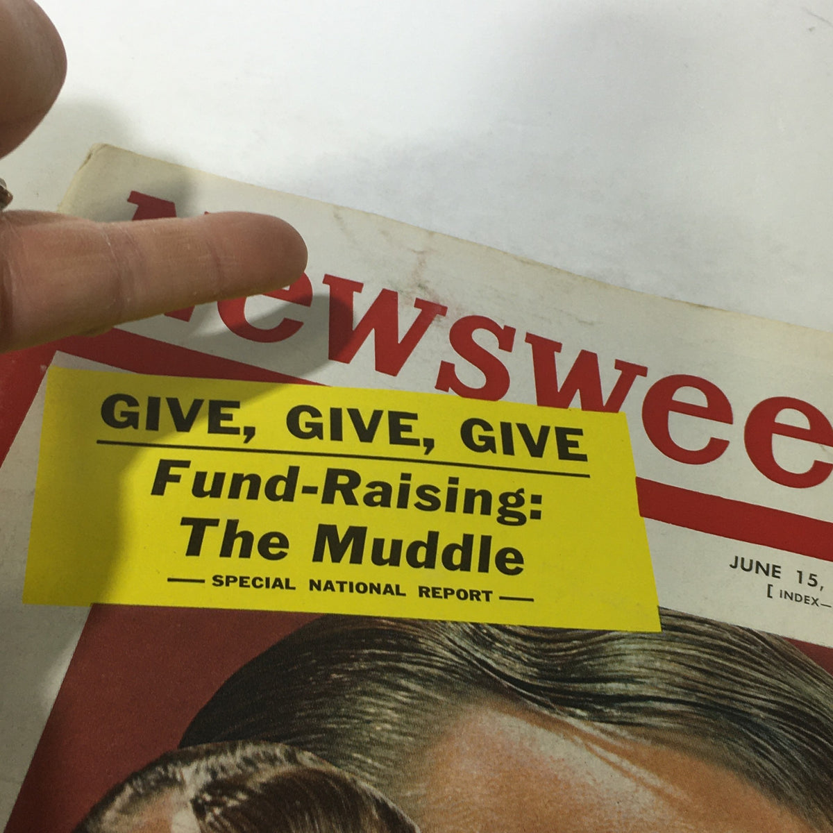 Close-up of the VTG Newsweek Magazine June 15 1959, highlighting the 'Give, Give, Give' fundraising sticker on the cover. The magazine features TV's Jack Paar, offering a glimpse into historical media trends.