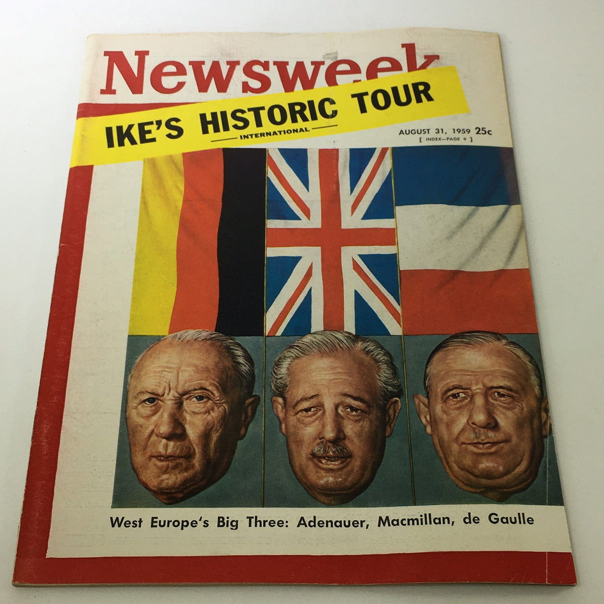 Vintage Newsweek magazine cover from August 31, 1959 featuring portraits of Adenauer, Macmillan, and de Gaulle with flags of Germany, the UK, and France. Adaneur, Macmillan, de Gaulle / Newsstand.
