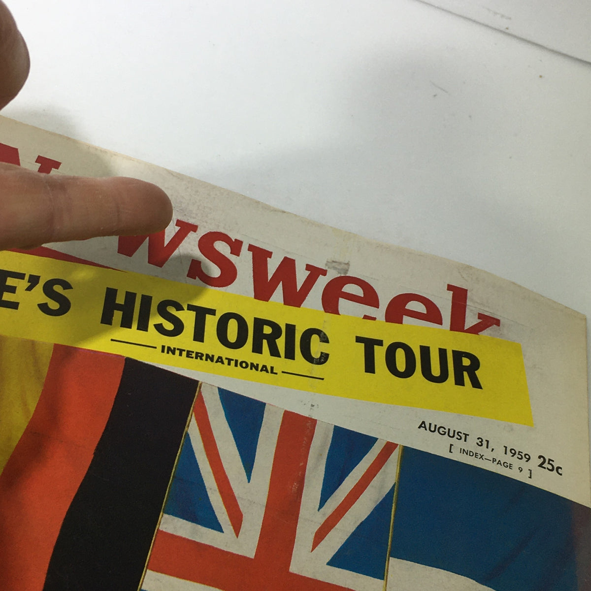 Close-up of the Vintage Newsweek magazine cover from August 31, 1959 highlighting the title 'IKE'S HISTORIC TOUR' and featuring flags of Germany, the UK, and France. Adaneur, Macmillan, de Gaulle / Newsstand.