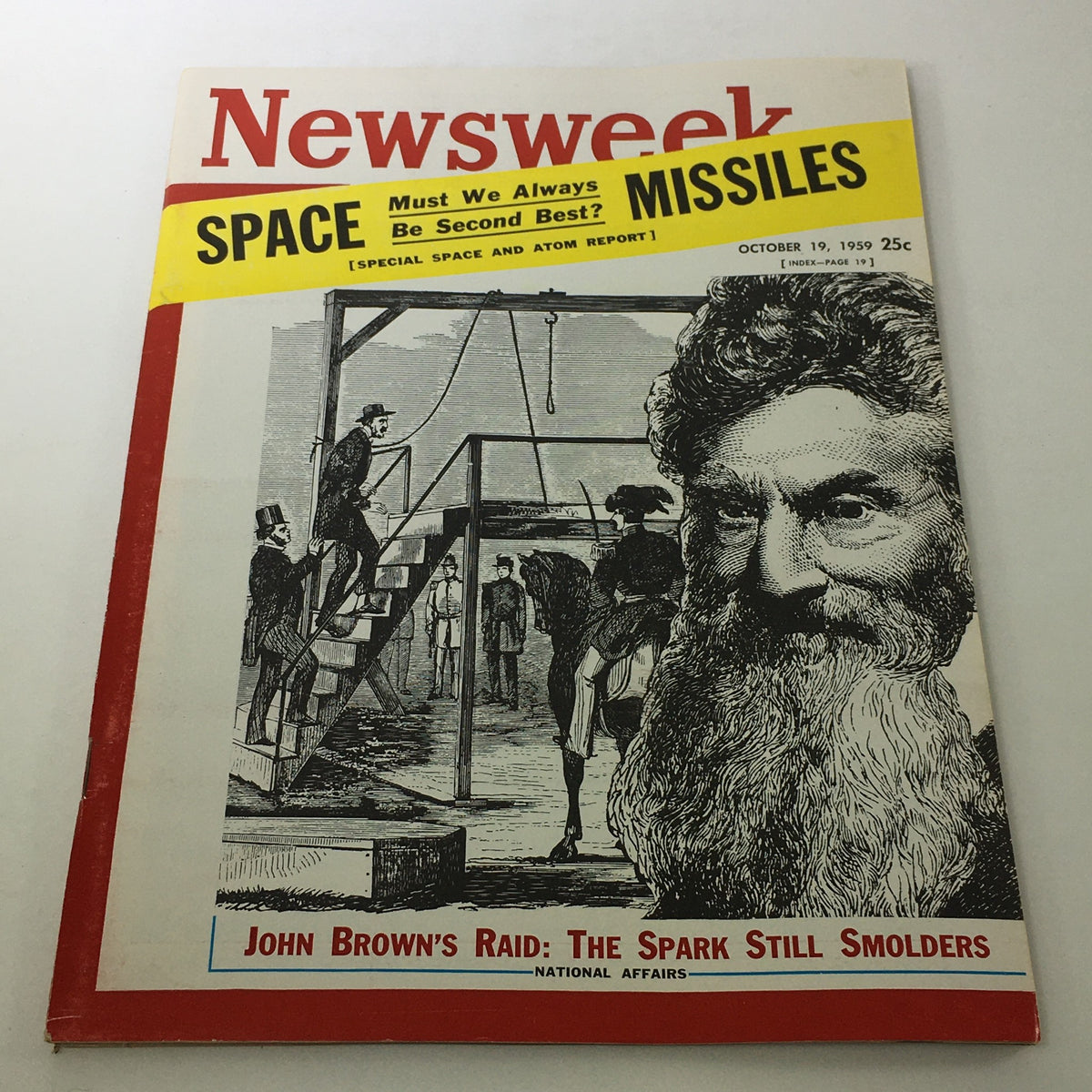 VTG Newsweek Magazine October 19 1959 featuring cover story on John Brown with illustrations from the era, showcasing significant historical themes and advertisements from the late 1950s.