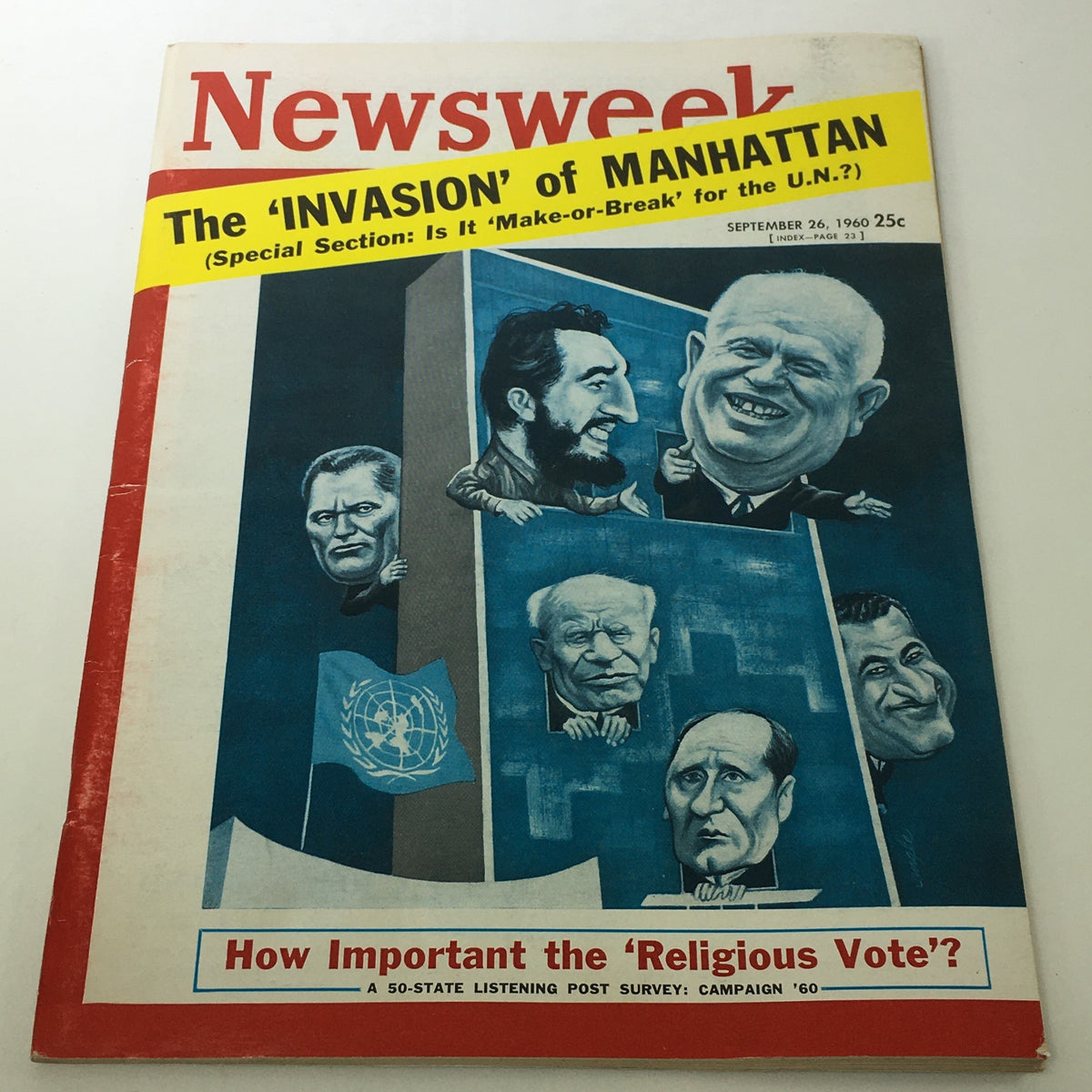 Vintage Newsweek Magazine cover from September 26, 1960, featuring the title 'The INvasion of Manhattan' with caricatures of political figures and the question 'How Important the Religious Vote?'.