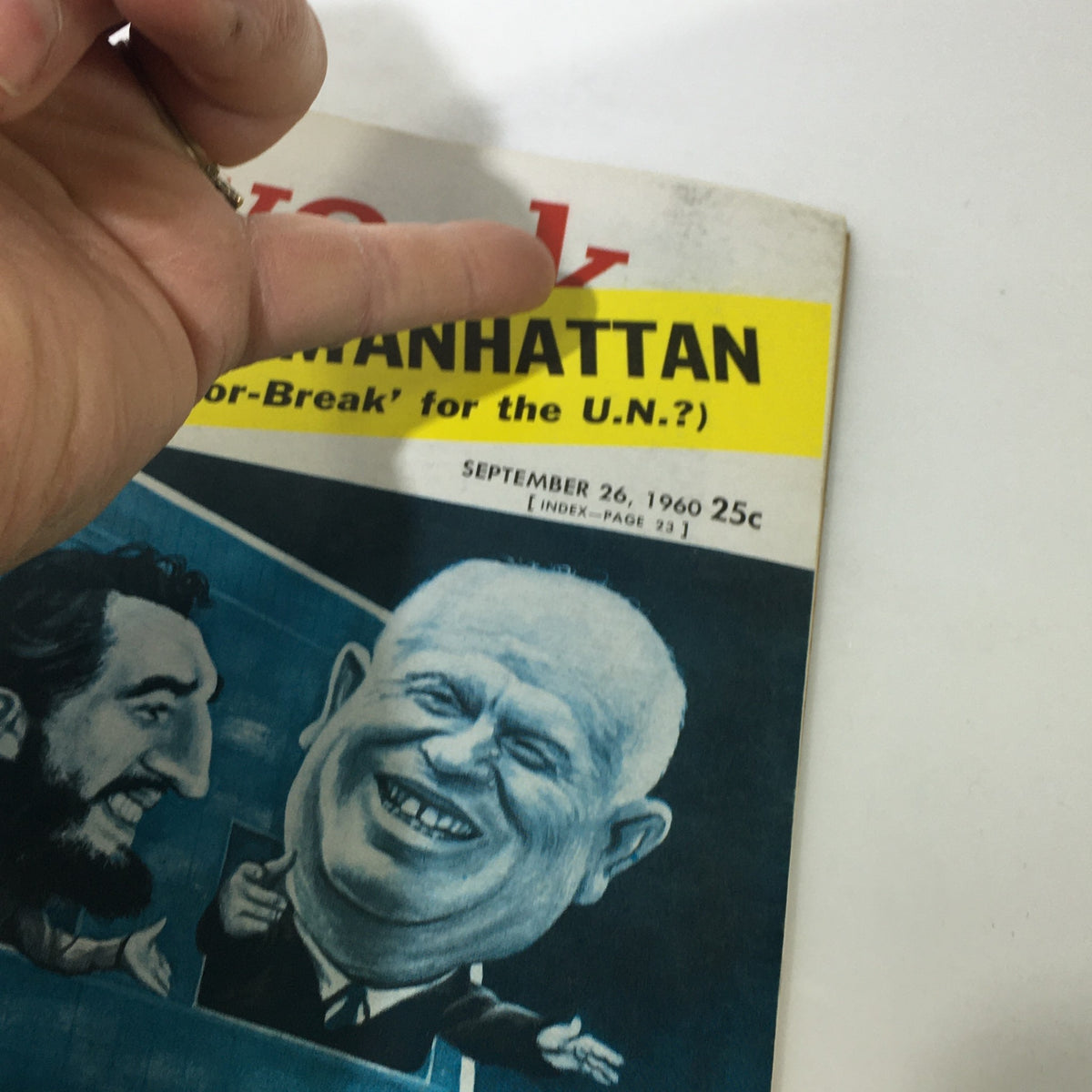 Close-up view of the Vintage Newsweek Magazine cover from September 26, 1960, displaying political caricatures and the headline about the 'Religious Vote'.