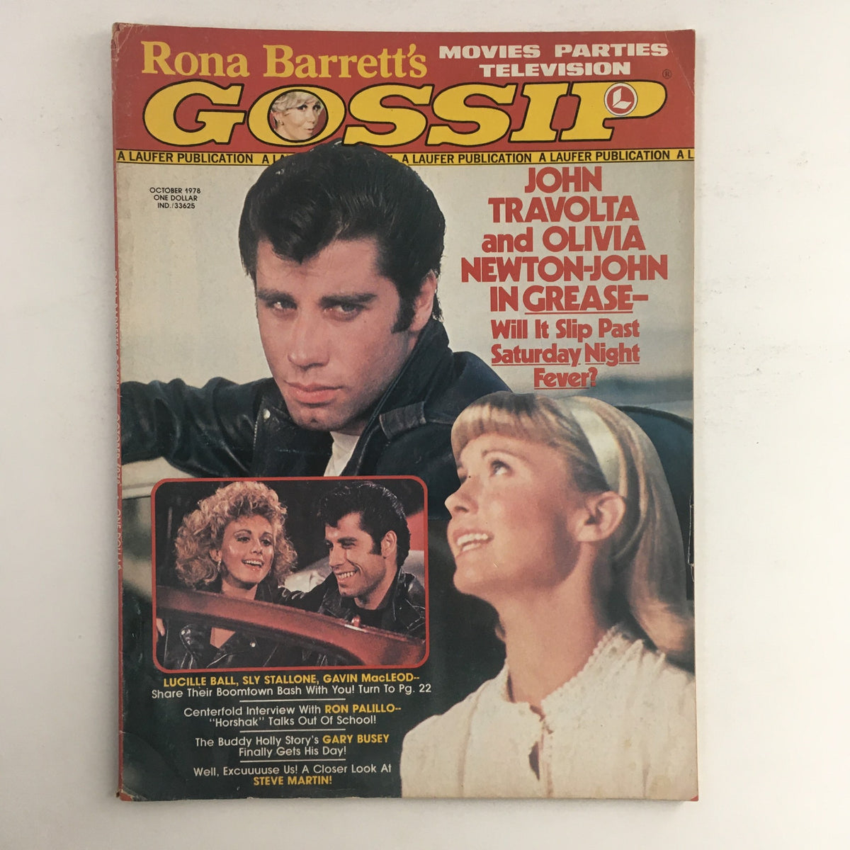 Cover of Rona Barrett's Gossip October 1978 featuring John Travolta and Olivia Newton-John, highlighting their roles in Grease and Saturday Night Fever.