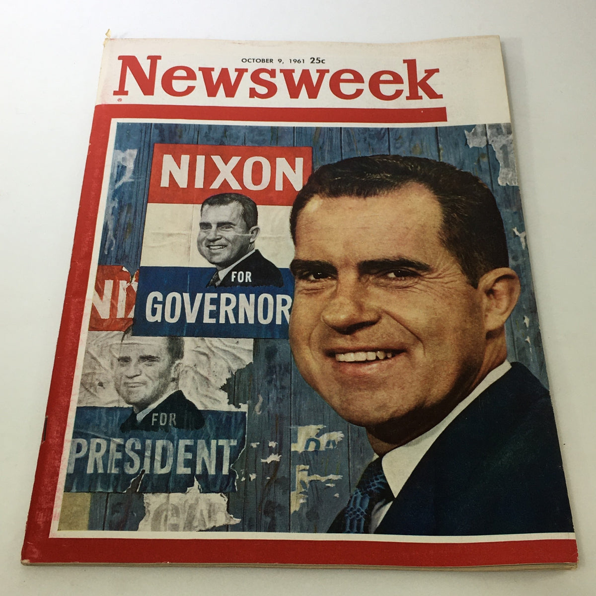 VTG Newsweek Magazine October 9, 1961 cover featuring Richard Nixon's campaign for Governor with images showcasing his presidential aspirations. Perfect for collectors and history enthusiasts.