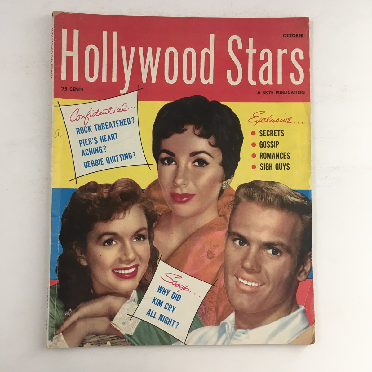 Hollywood Stars Magazine October 1956 cover featuring vibrant illustrations and highlights on celebrities such as Natalie Wood and Raymond Burr, capturing the essence of vintage Hollywood.