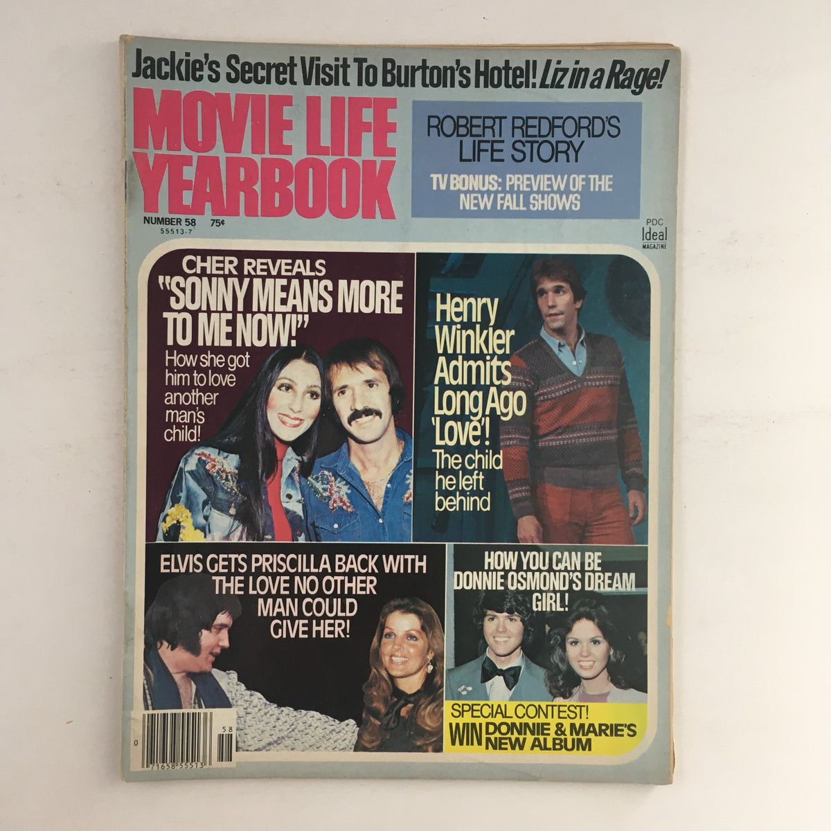 Cover of Movie Life Yearbook Magazine #58 featuring Cher, Sonny Bono, Henry Winkler, and Elvis. The magazine showcases nostalgic entertainment content from the 1970s.