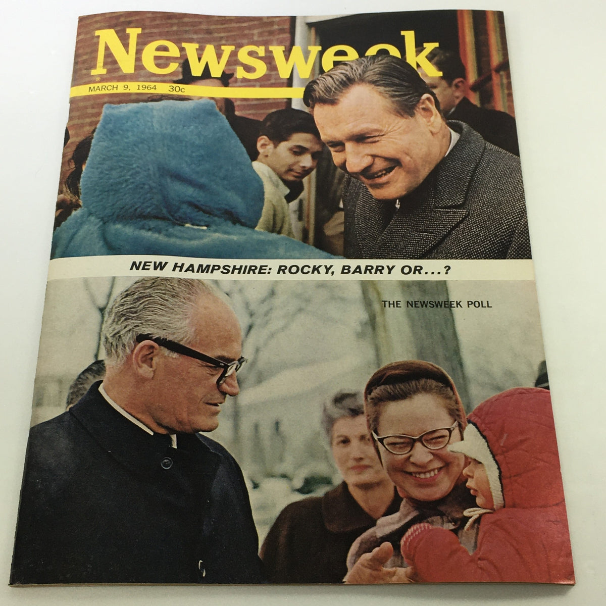 VTG Newsweek Magazine March 9 1964 cover featuring Barry Goldwater and Nelson Rockefeller, depicting a political scene with diverse individuals, highlighting issues of the 1964 presidential election.