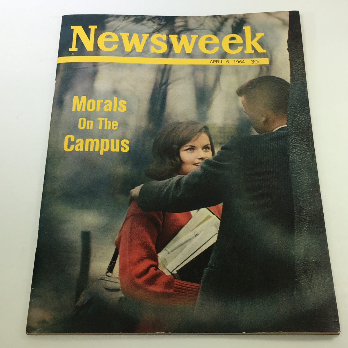 Cover of VTG Newsweek Magazine dated April 6, 1964, featuring the headline 'Morals On The Campus' with an engaging image of two individuals outdoors.