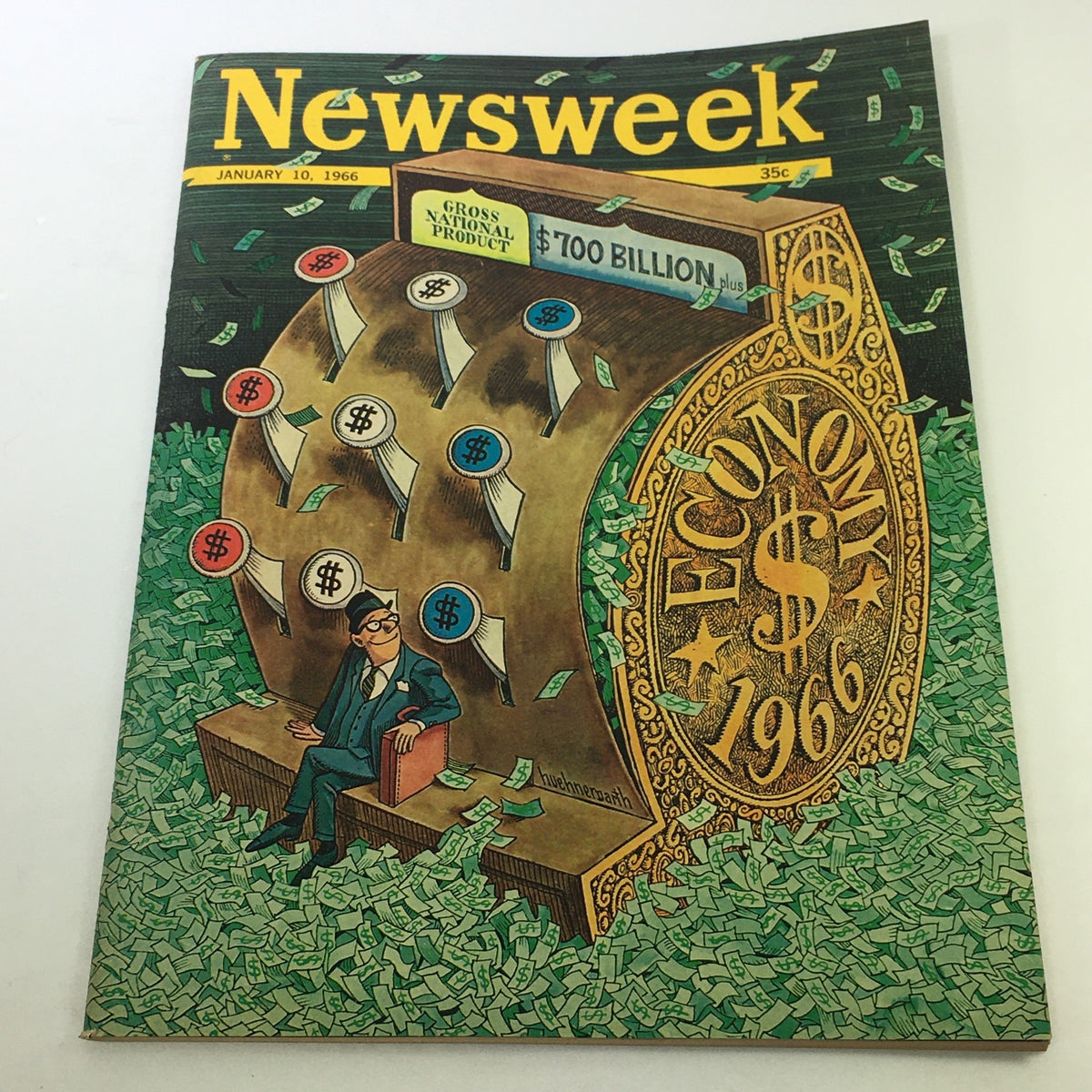 Cover of VTG Newsweek Magazine January 10, 1966 featuring an illustration related to the 1966 economy, depicting a figure seated on a platform surrounded by dollar bills and a decorative emblem of the economy.