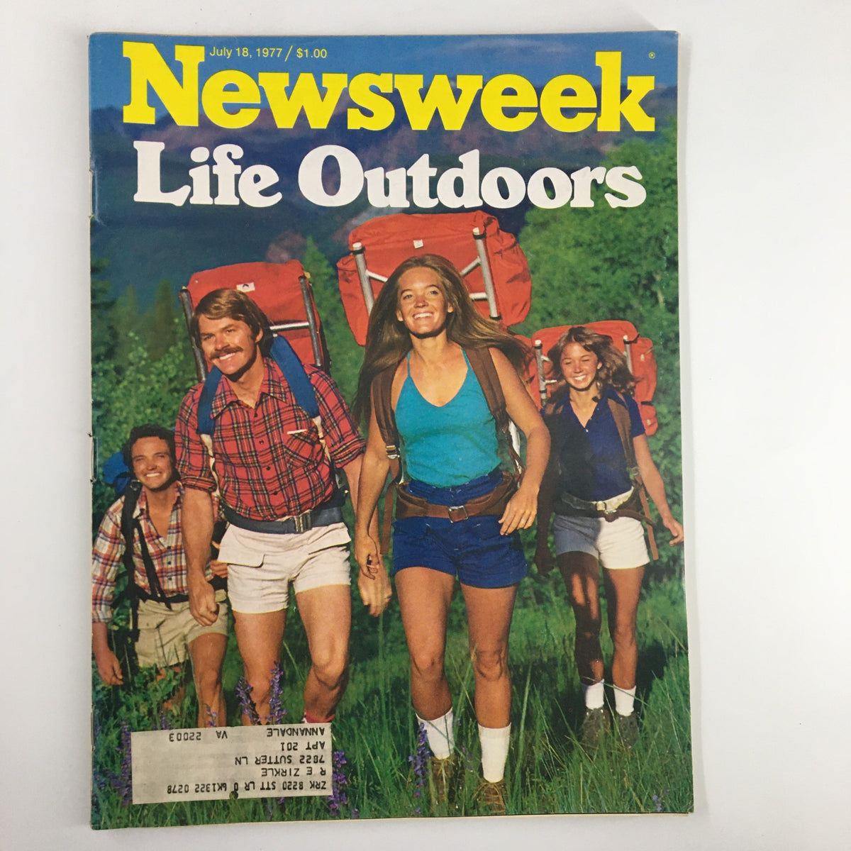 Vintage Newsweek Magazine cover from July 18, 1977, featuring the title 'The American Life Outdoors' with four outdoor enthusiasts smiling while carrying backpacks in a lush green landscape.