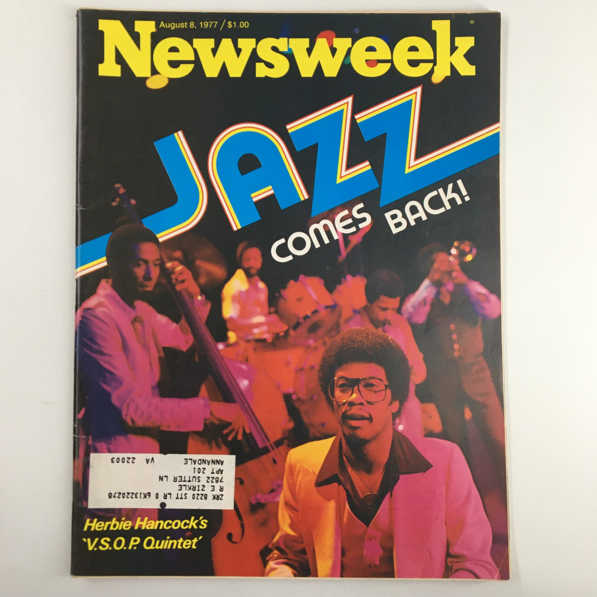 Newsweek Magazine cover from August 8, 1977, featuring the title 'Jazz Comes Back!' highlighting Herbie Hancock's VSOP Quintet, with vibrant colors and a dynamic image of jazz musicians performing.