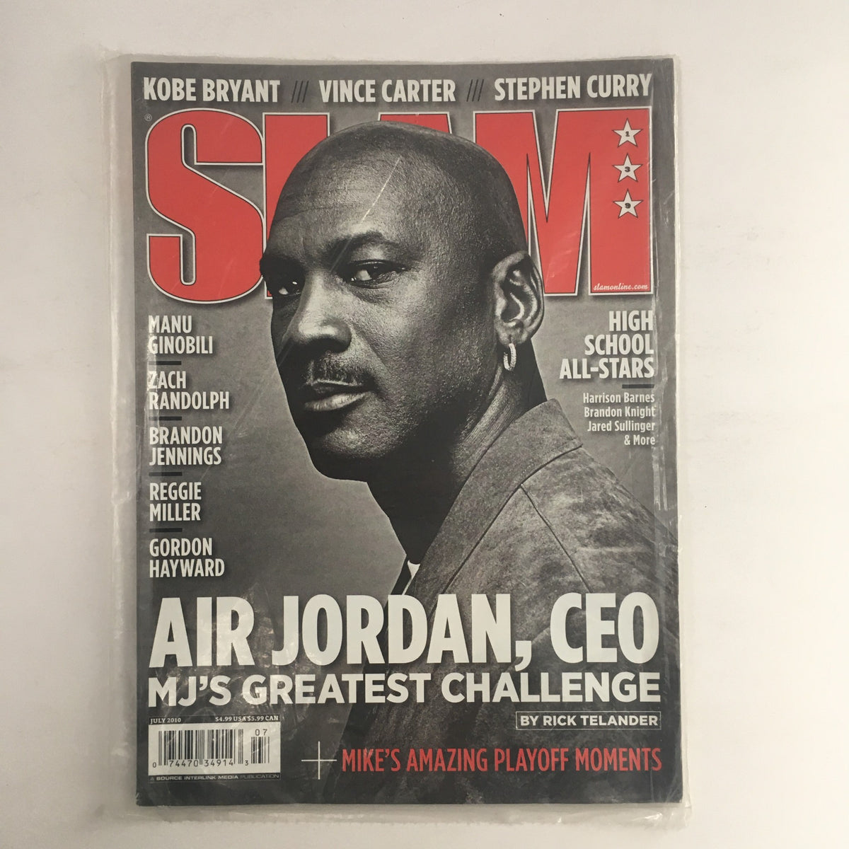 Slam Magazine July 2010 featuring Air Michael Jordan CEO, with a cover image showcasing Michael Jordan in a prominent portrait, alongside Kobe Bryant, Vince Carter, and Stephen Curry.