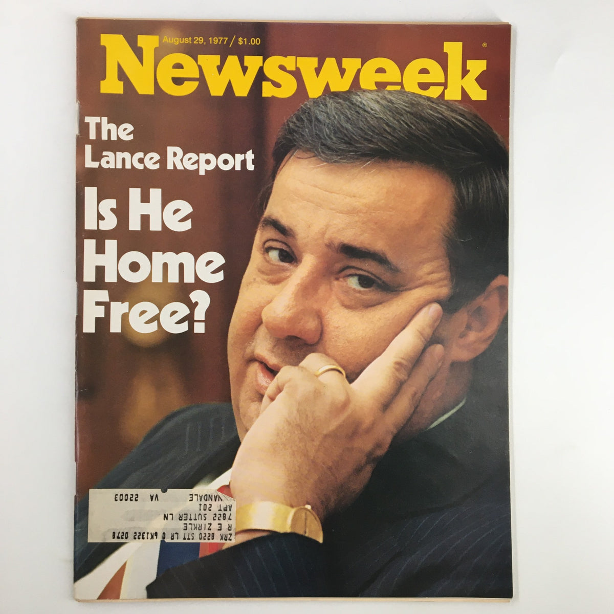 Vintage Newsweek magazine cover from August 29, 1977 featuring the title 'The Lance Report: Is He Home Free?'. The cover includes a close-up of a man with a thoughtful expression, hinting at political and social issues of the era.