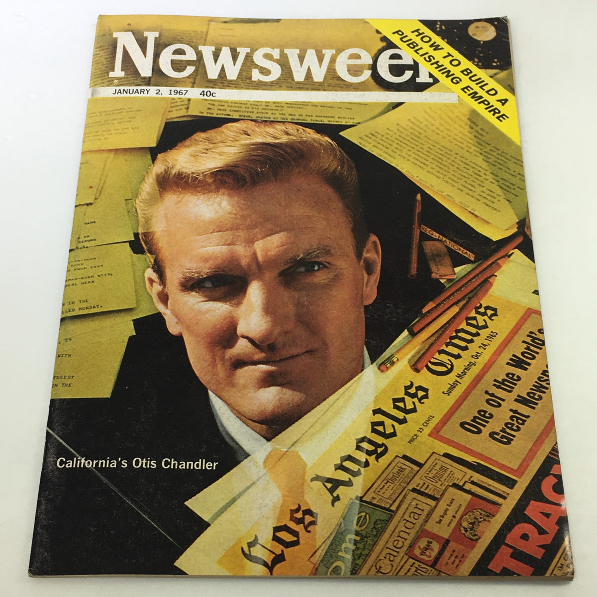 Vintage Newsweek magazine cover from January 2, 1967 featuring California's Otis Chandler, showcasing a mix of newspapers and stationary with a focus on publishing.