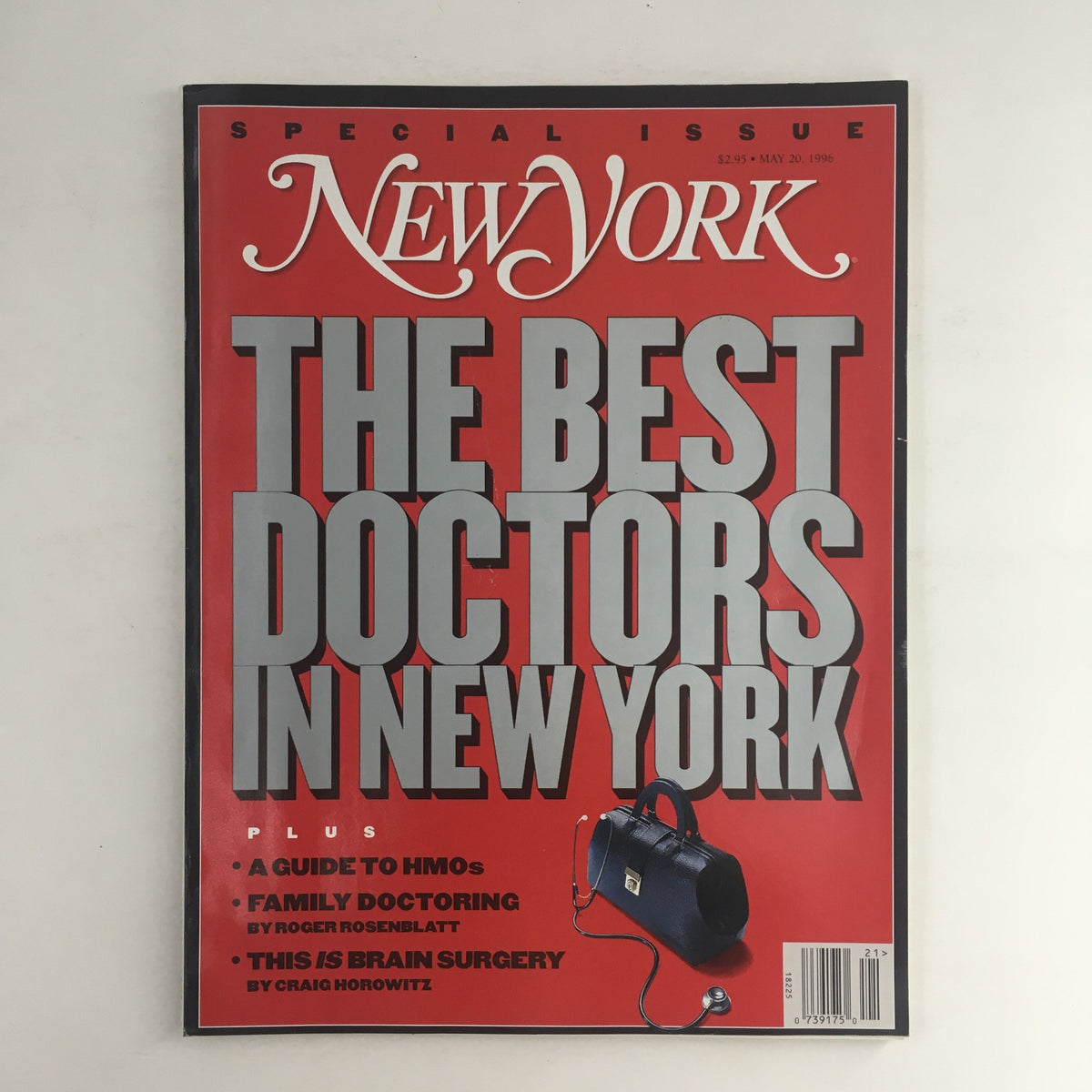 Cover of New York Magazine dated May 20, 1996 featuring the title 'The Best Doctors in New York'. The magazine includes headlines on healthcare topics and a distinctive red background.