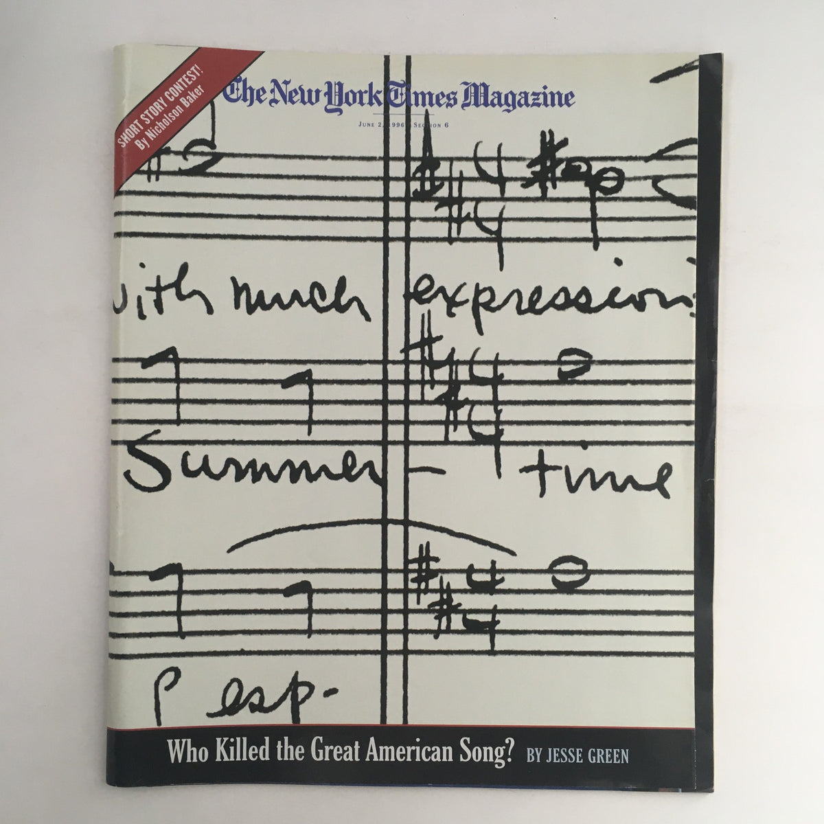 Cover of The New York Times Magazine dated June 2, 1996, featuring musical notations and the title 'Who Killed the Great American Song?' by Jesse Green. The design includes a header with the magazine's name and a short story contest badge.