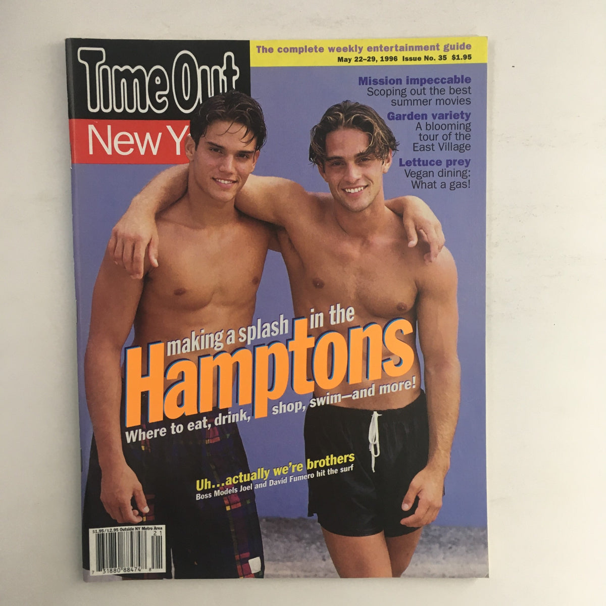 Cover of Time Out New York Magazine from May 22, 1996 featuring models Joel and David Fumero, highlighting the theme of summer activities in the Hamptons.