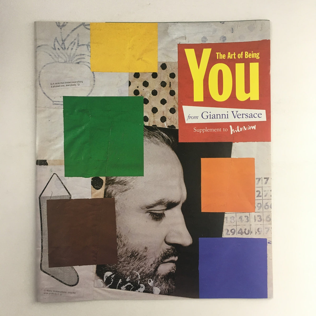 Cover of Interview Magazine 1997 titled 'The Art of Being You from Gianni Versace', featuring colorful graphic elements and a profile of a man, in very good condition.