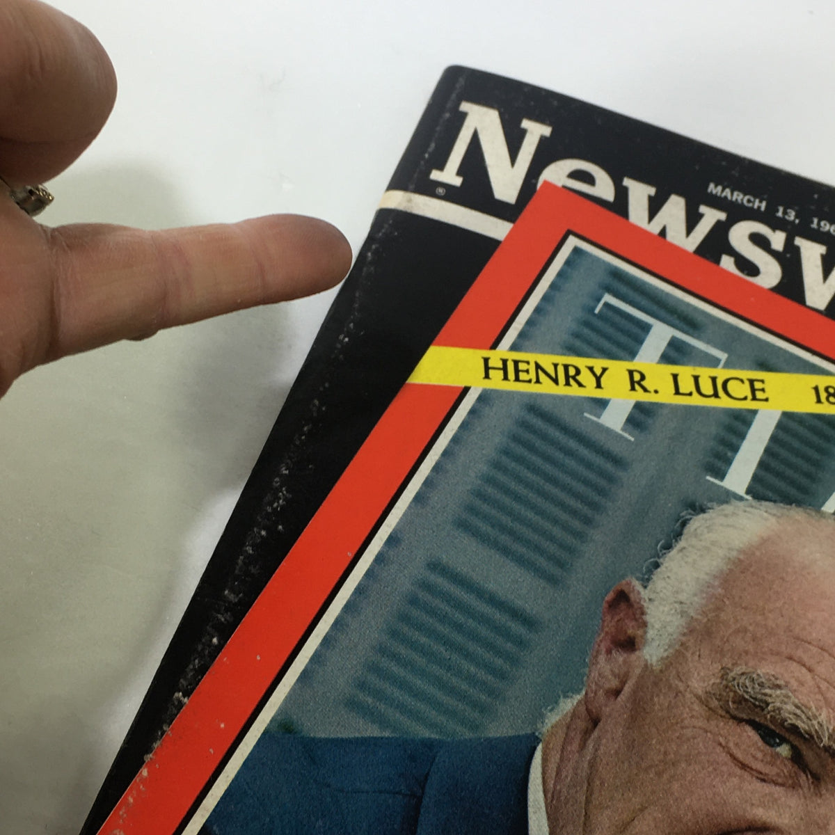 Close-up view of VTG Newsweek Magazine March 13 1967 cover, highlighting Henry R. Luce's name and image, capturing vintage magazine appeal.