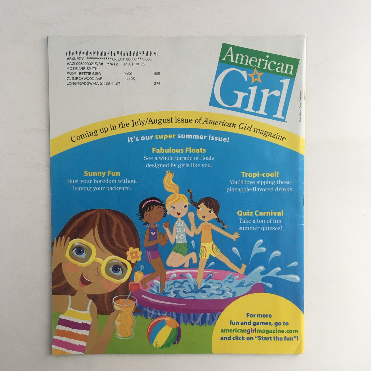 Back cover of American Girl Magazine May 2011 showcasing upcoming summer features. The design includes playful illustrations and highlights fun activities and quizzes for kids, emphasizing engagement and enjoyment.