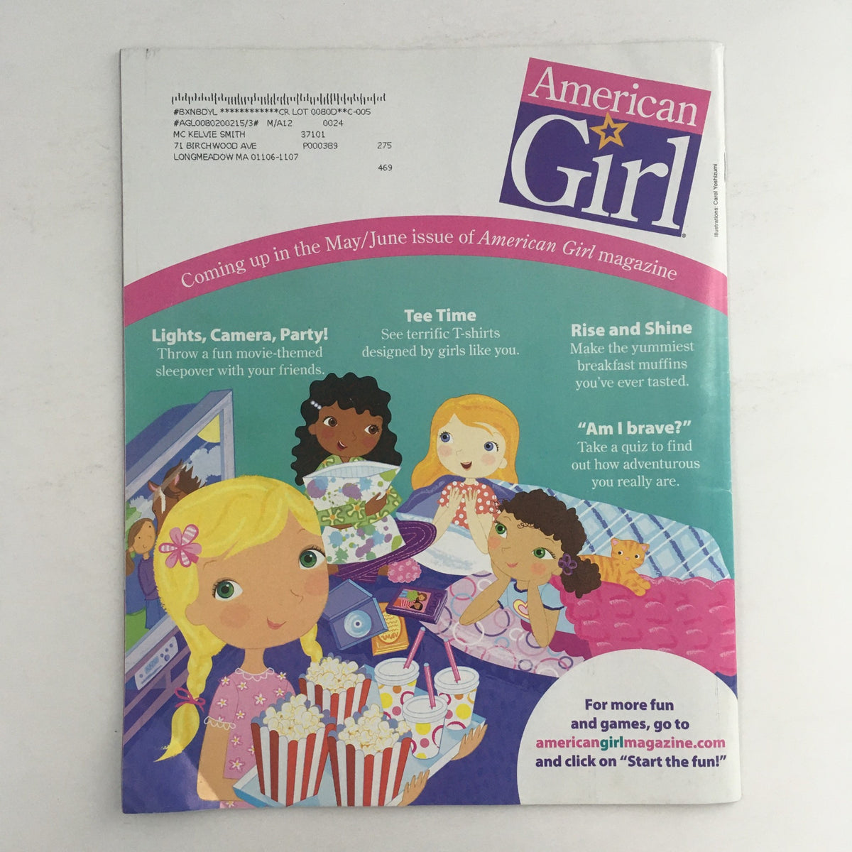 Back cover of American Girl Magazine March 2011 showcasing upcoming features like 'Lights, Camera, Party!' and 'Tee Time' with colorful illustrations, promoting creativity and fun activities for children.