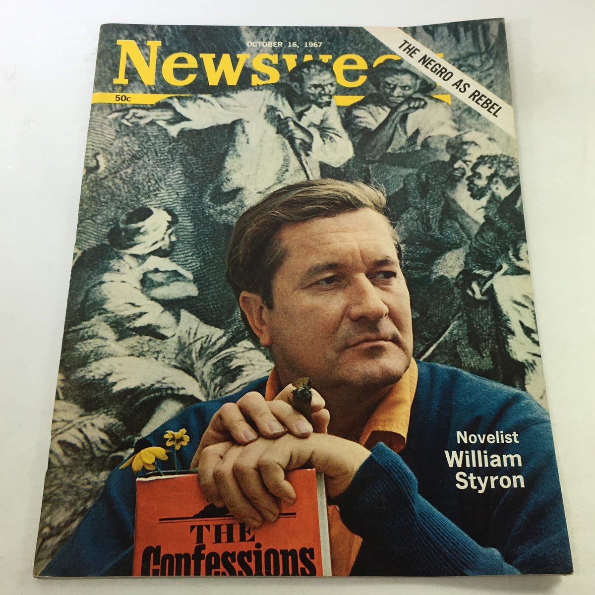 VTG Newsweek Magazine from October 16, 1967 featuring novelist William Styron on the cover. The magazine includes a depiction of Styron with a thoughtful expression, holding a book titled 'The Confessions', set against a vivid background of artwork, capturing the essence of literary history.