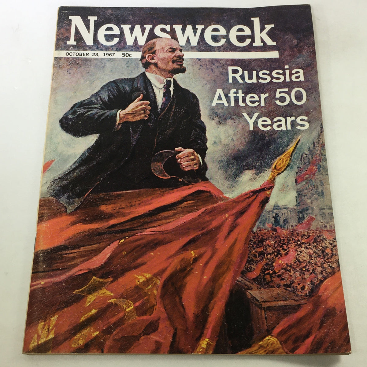 VTG Newsweek Magazine October 23 1967 cover featuring a depiction of a historic figure with a red flag, titled 'Russia After 50 Years.' This vintage magazine captures a pivotal moment in Cold War history.