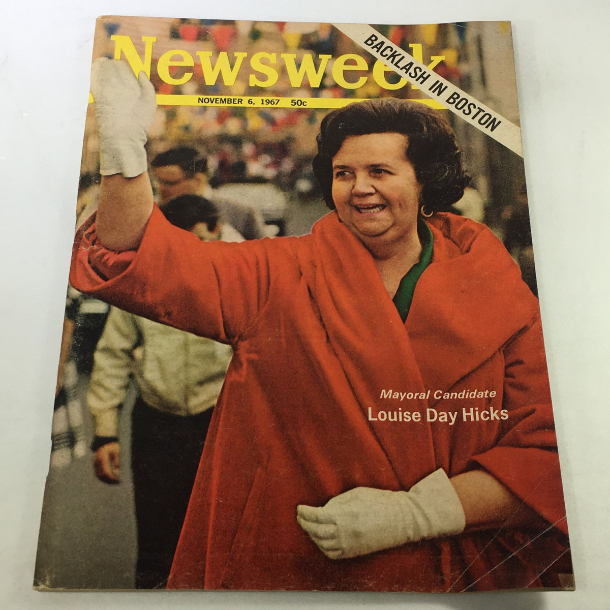 VTG Newsweek Magazine November 6 1967 with cover featuring Louise Day Hicks, mayoral candidate, in a bright orange coat.
