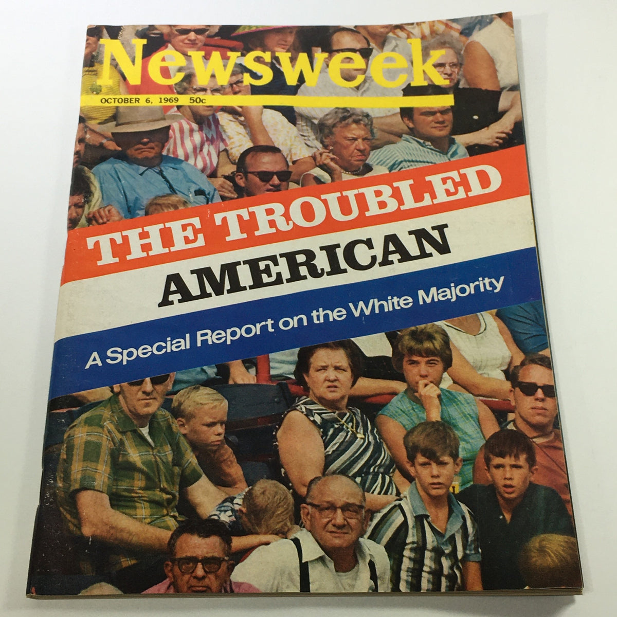 VTG Newsweek Magazine October 6 1969 featuring the cover titled 'The Troubled American', showcasing a diverse audience with various expressions and attire, reflecting the social climate of the late 1960s.