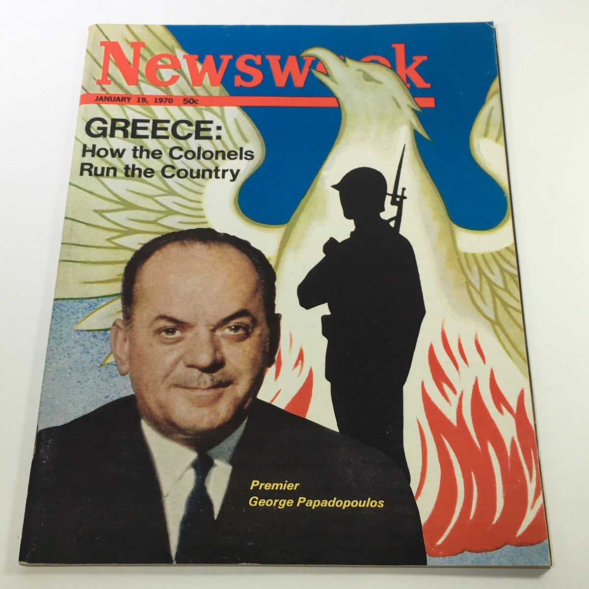 VTG Newsweek Magazine January 19 1970 featuring Premier George Papadopoulos on the cover, showcasing a soldier silhouette against a colorful background with the title 'Greece: How the Colonels Run the Country'.
