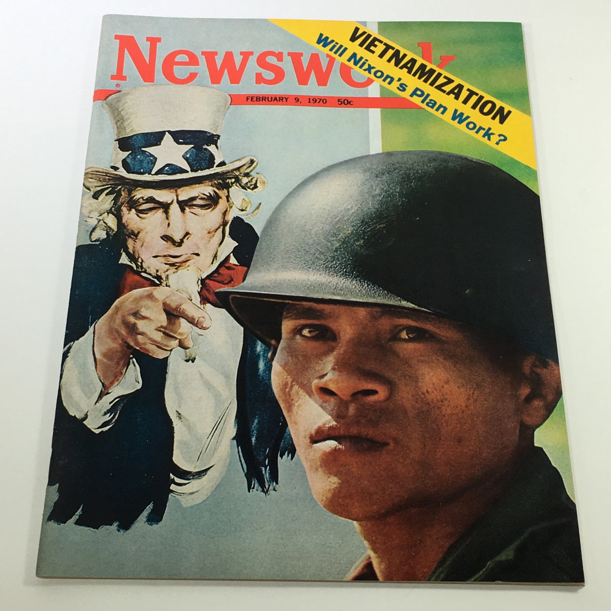 VTG Newsweek Magazine February 9 1970 cover featuring a historical illustration of Uncle Sam alongside a soldier, highlighting the theme of Vietnamization and questioning if Nixon's plan will work.