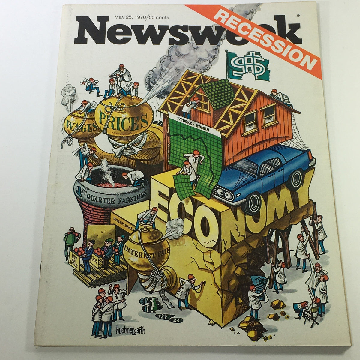 VTG Newsweek Magazine May 25 1970 featuring a colorful illustration on the cover depicting themes of recession, economics, and financial concerns, with various characters interacting with elements like prices, stocks, and a car.