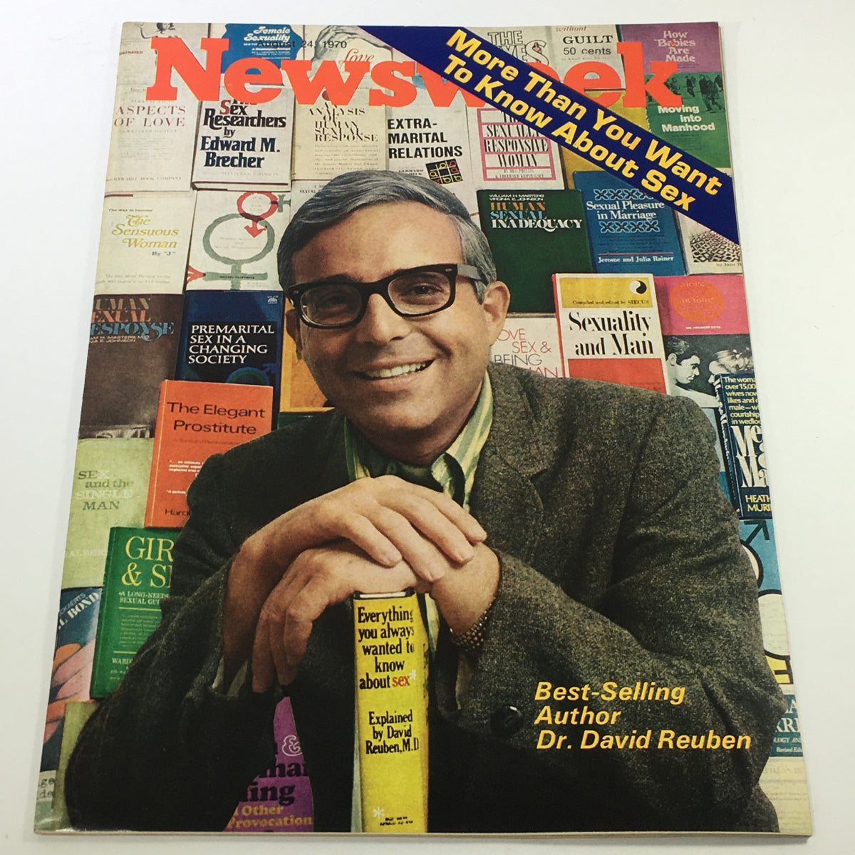 VTG Newsweek Magazine August 24 1970 featuring Dr. David Reuben, with the headline 'More Than You Want To Know About Sex' and a colorful background of various books on sexuality and relationships.