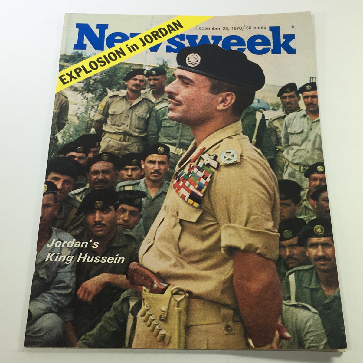 VTG Newsweek Magazine Cover from September 28, 1970, featuring Jordan's King Hussein during a pivotal moment in history, surrounded by military personnel.