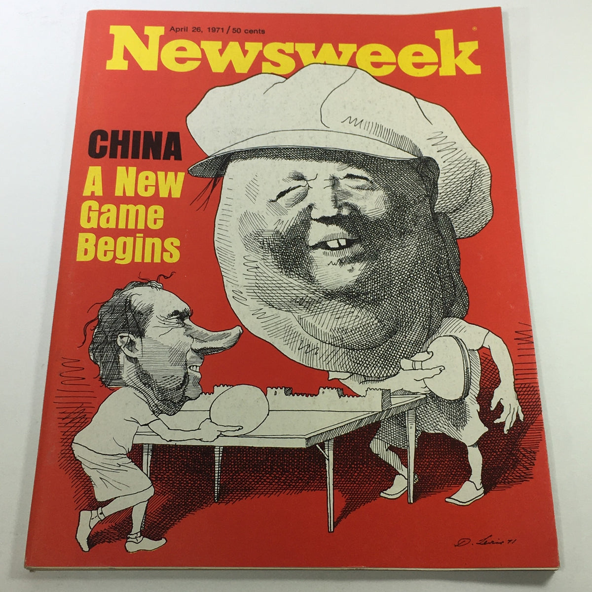 Cover of Vintage Newsweek Magazine from April 26, 1971 titled 'China: A New Game Begins', featuring a cartoon illustration related to China with vibrant red background.